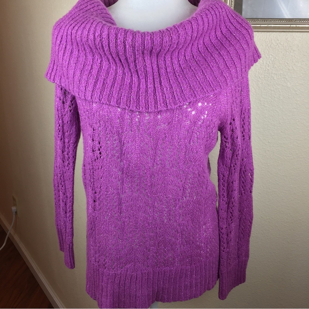 Elle Womens Cowl Neck Purple Lilac Long Sleeve Sweater Metallic Stitching Size M